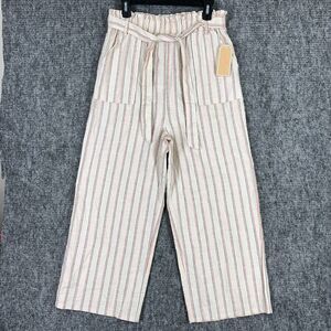 COPPER KEY PANTS WOMENS LARGE NATURAL STRIPED BELTED WIDE-LEG CROPPED TROUSER